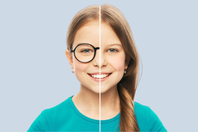 Showing a child with and without glasses